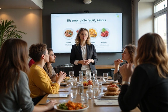 Eine Gruppe von Menschen, die aufmerksam einem Ernährungsberater bei einem Workshop zuhören, im Hintergrund eine Präsentation über gesunde Ernährung.
