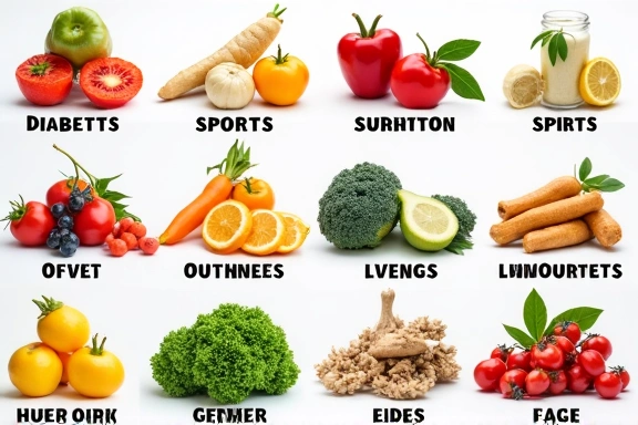 Verschiedene gesunde Lebensmittel, die spezifische Ernährungsbedürfnisse symbolisieren, wie Diabetiker-freundliche Optionen, Sportlernahrung und vegane Produkte.